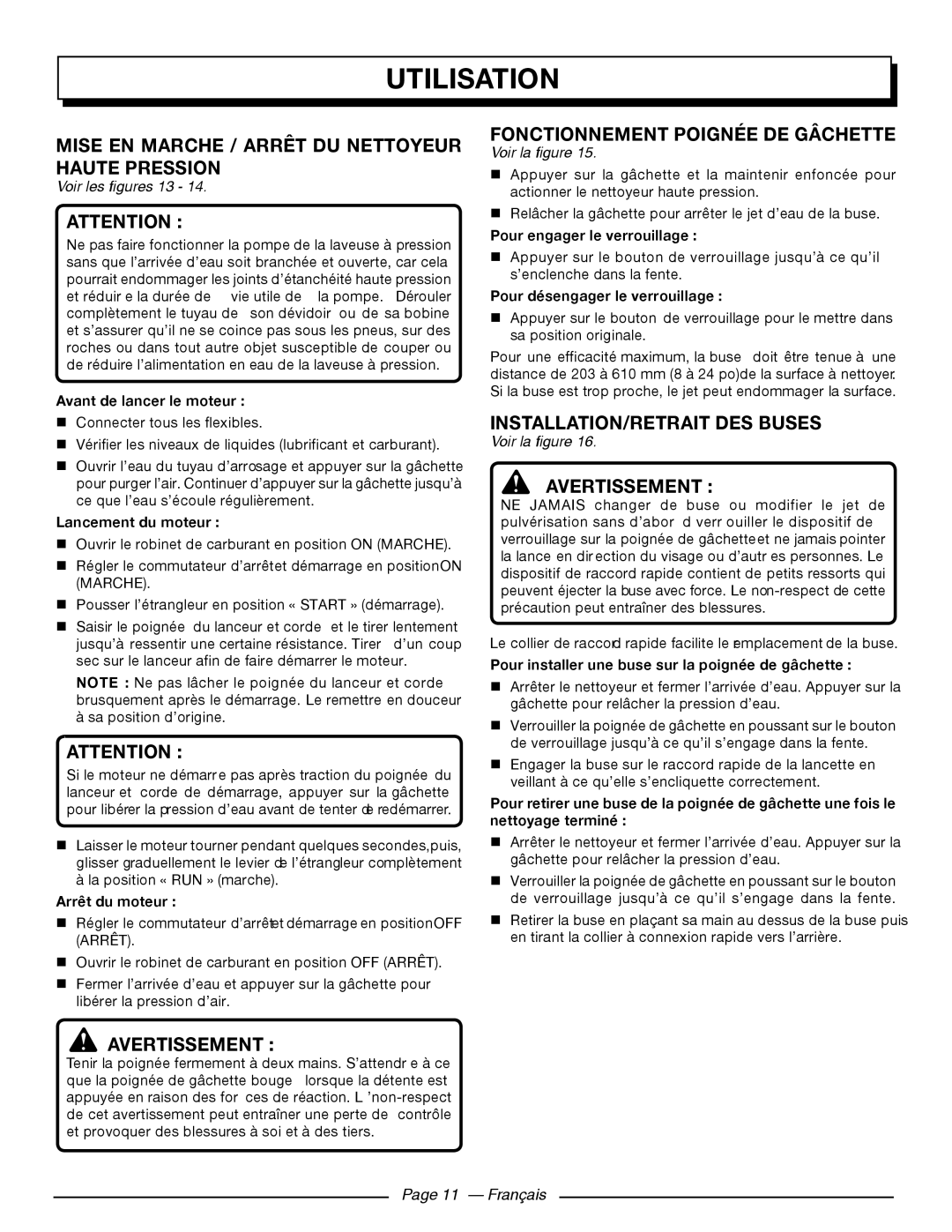 Homelite UT80911 Mise En Marche / Arrêt Du Nettoyeur Haute Pression, Attention , Fonctionnement Poignée De Gâchette 